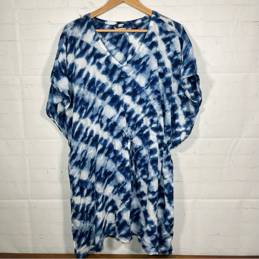 Lands' End Tie Dye Swim Cover Up Womens Large Blue Drawstring Waist Dress Tunic